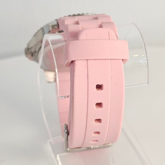 Pink Silicone Women's Quartz Watch 38mm Case White Dial Silver-Tone Bezel Tested - Picture 9 of 12
